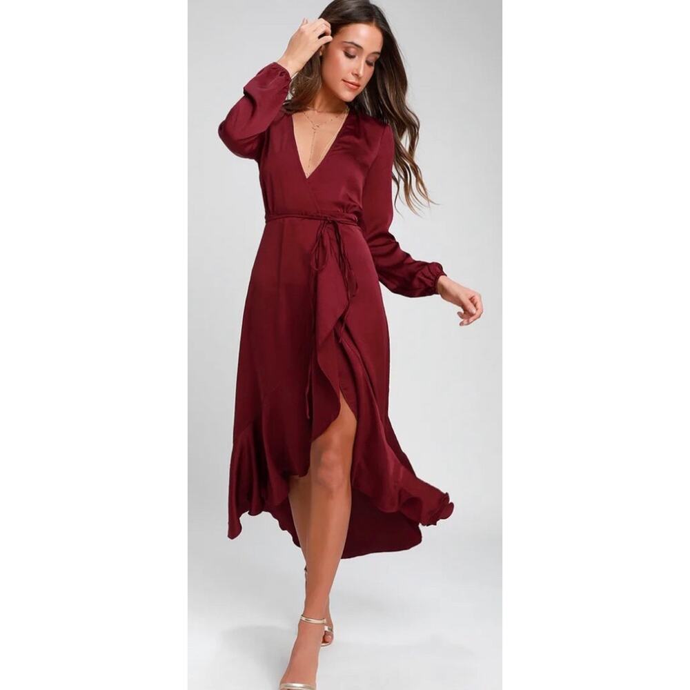 Wayf Satin Burgundy Long Sleeve Wrap Dress Size- XS - 23